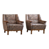 Mid-century modern Danish, pair of oak armchairs with original fabric, 1960s.