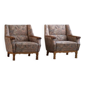 Mid-century modern Danish, pair of oak armchairs with original fabric, 1960s.