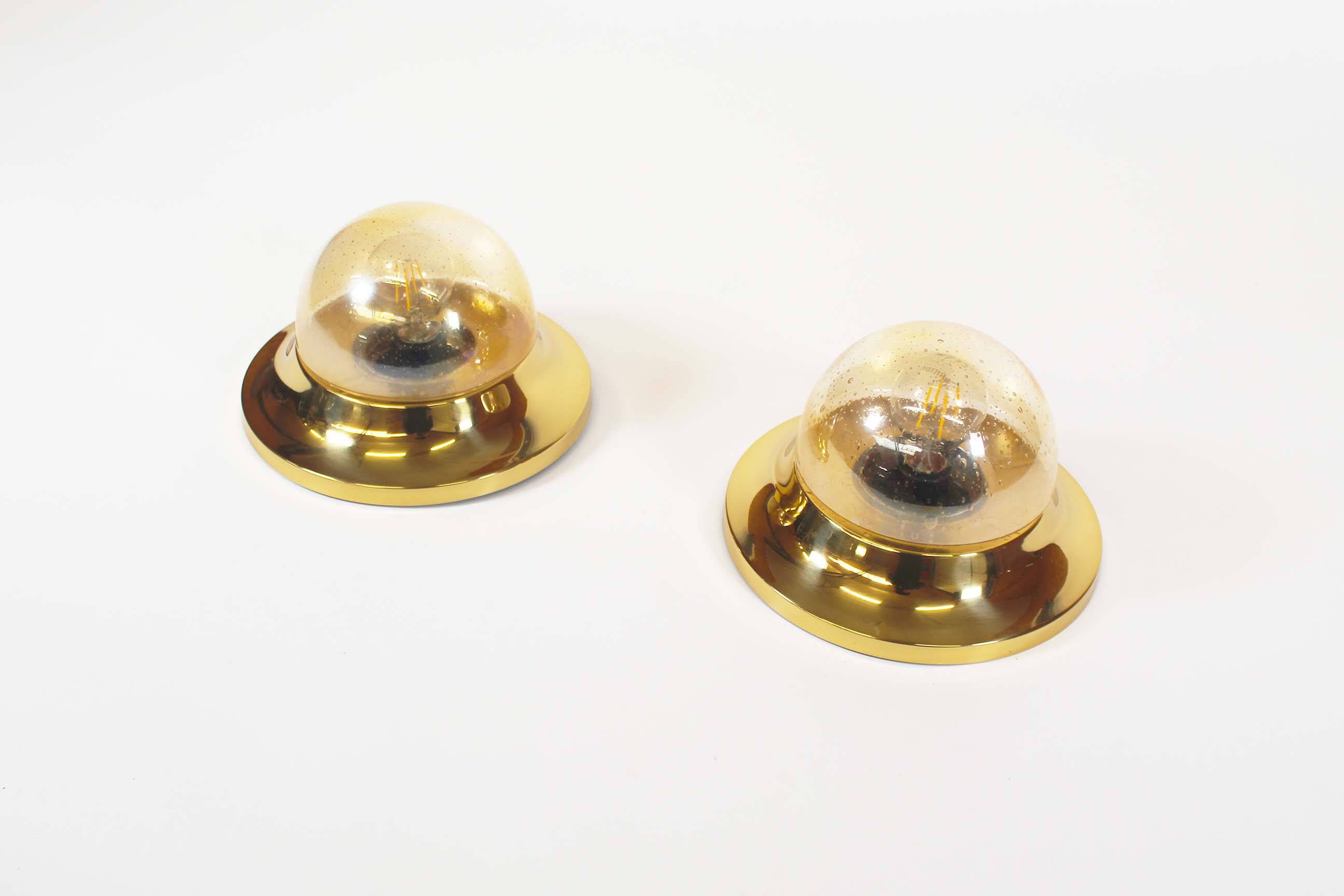 Pair of Amber glass and brass vintage wall lights, Germany 1970's