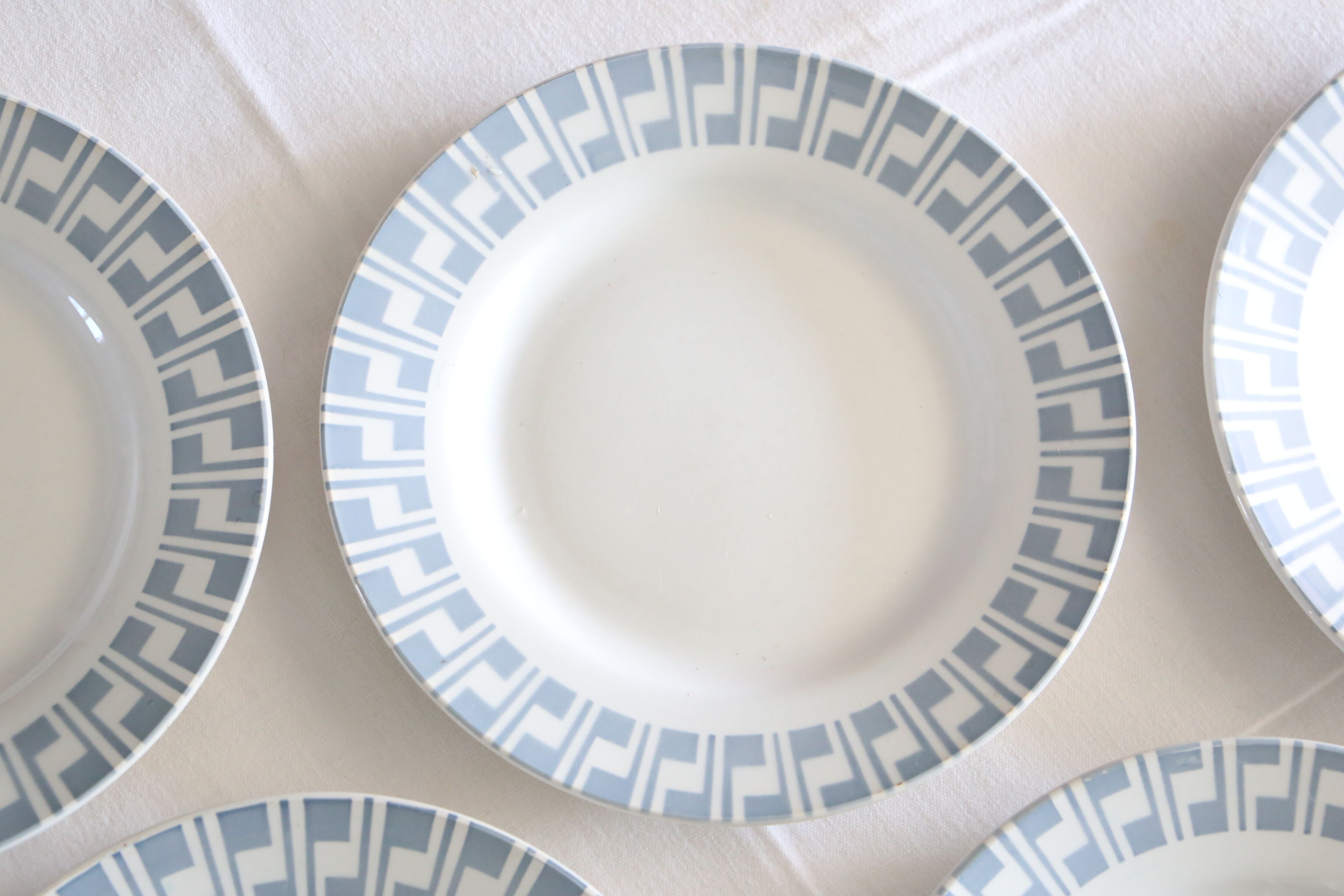 Set of 5 Digoin flat plates, blue geometric patterns, vintage French, rustic, campag