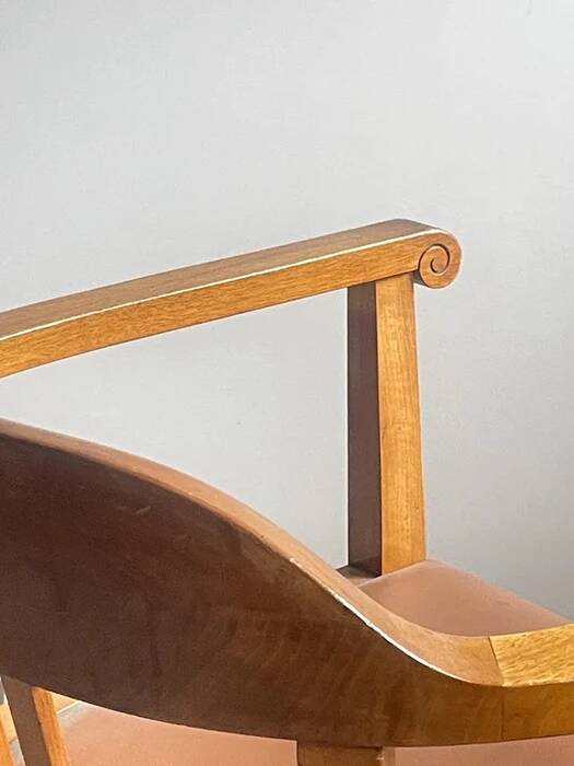 Swiss Art Deco Wood Armchair with Brown Leather Seat, 1930s