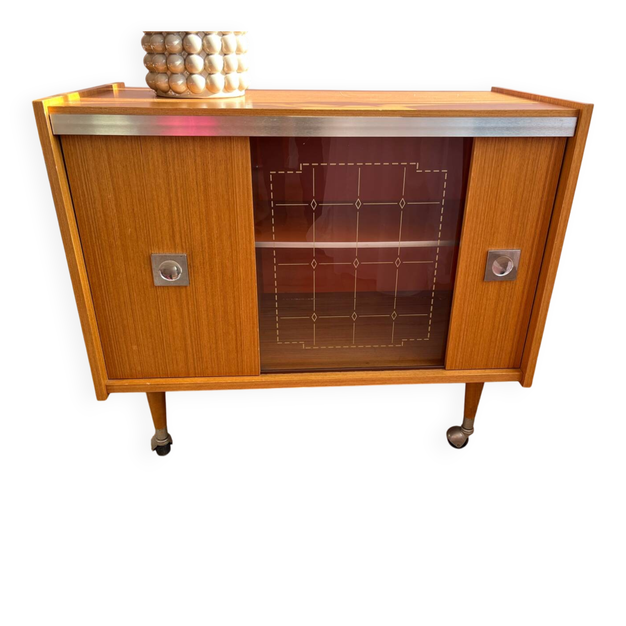 Vintage 1960s bar cabinet, Scandinavian style, on wheels.
