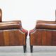 Set of 2 sheep leather wingback chairs with red corduroy seat cushions