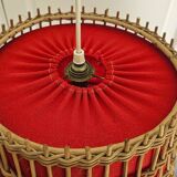 Vintage rattan pendant light - red fabric interior shade from the 60s