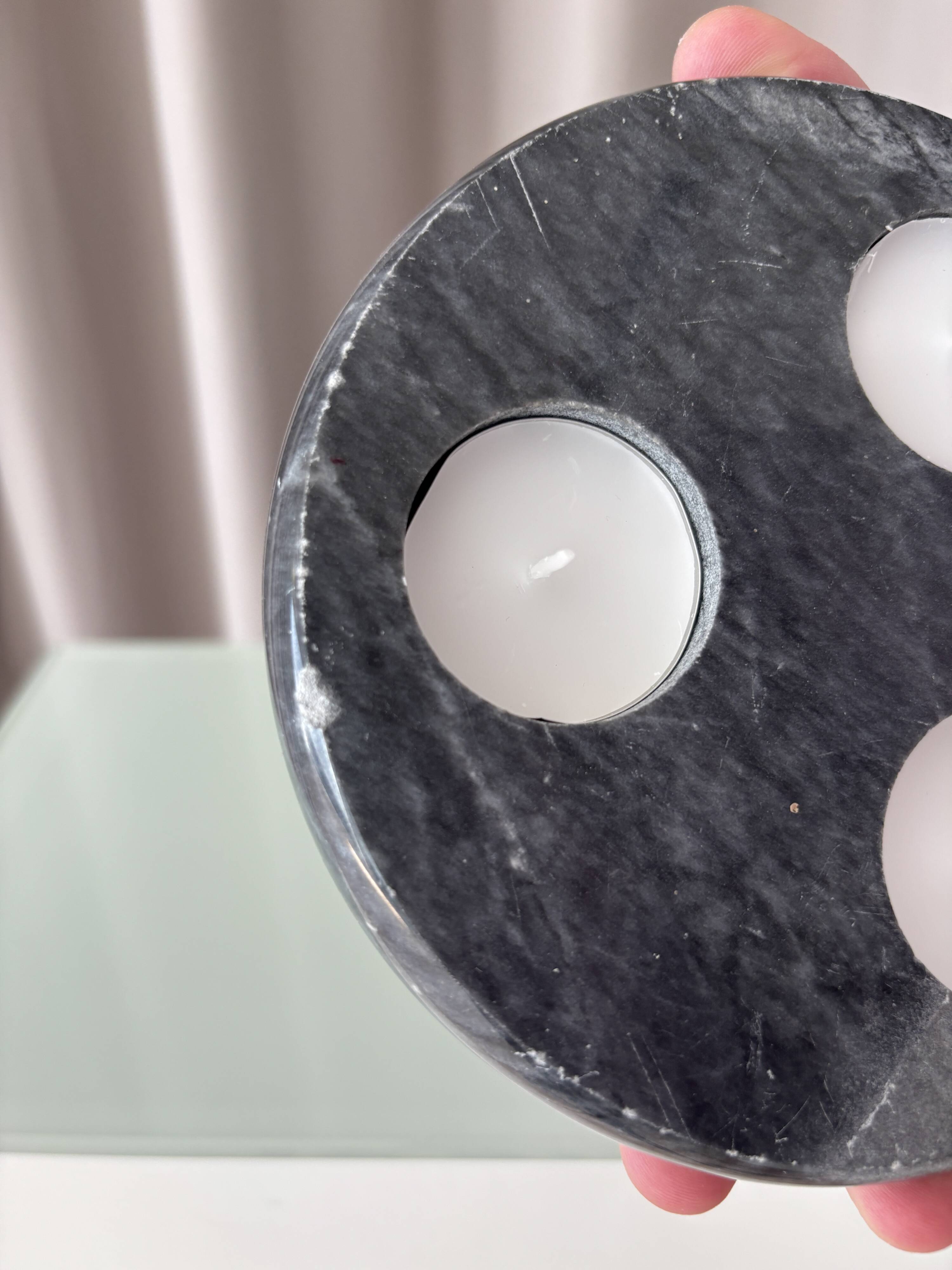 Pair of Vintage Marble Triple Tealight Candle Holders – Black & White