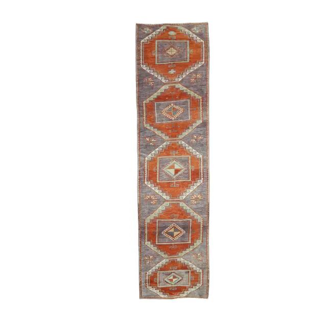 1970s Vintage Turkish Oushak Diamond Wool Runner 90x351