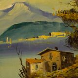 Italian lake view signed painting oil on canvas