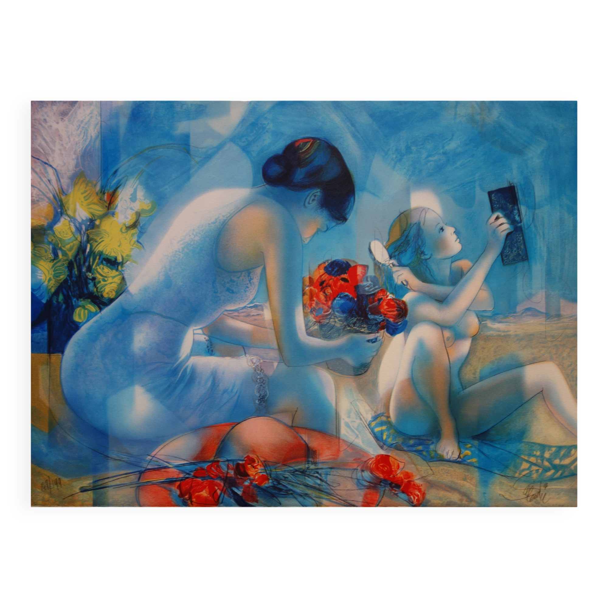 Jean-Baptiste Valadié: Blue Breeze, Mother and Daughter, original signed lithograph