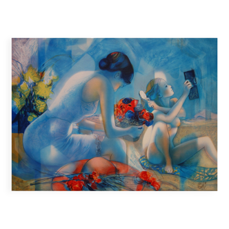 Jean-Baptiste Valadié: Blue Breeze, Mother and Daughter, original signed lithograph
