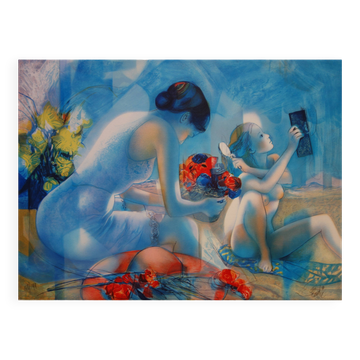 Jean-Baptiste Valadié: Blue Breeze, Mother and Daughter, original signed lithograph