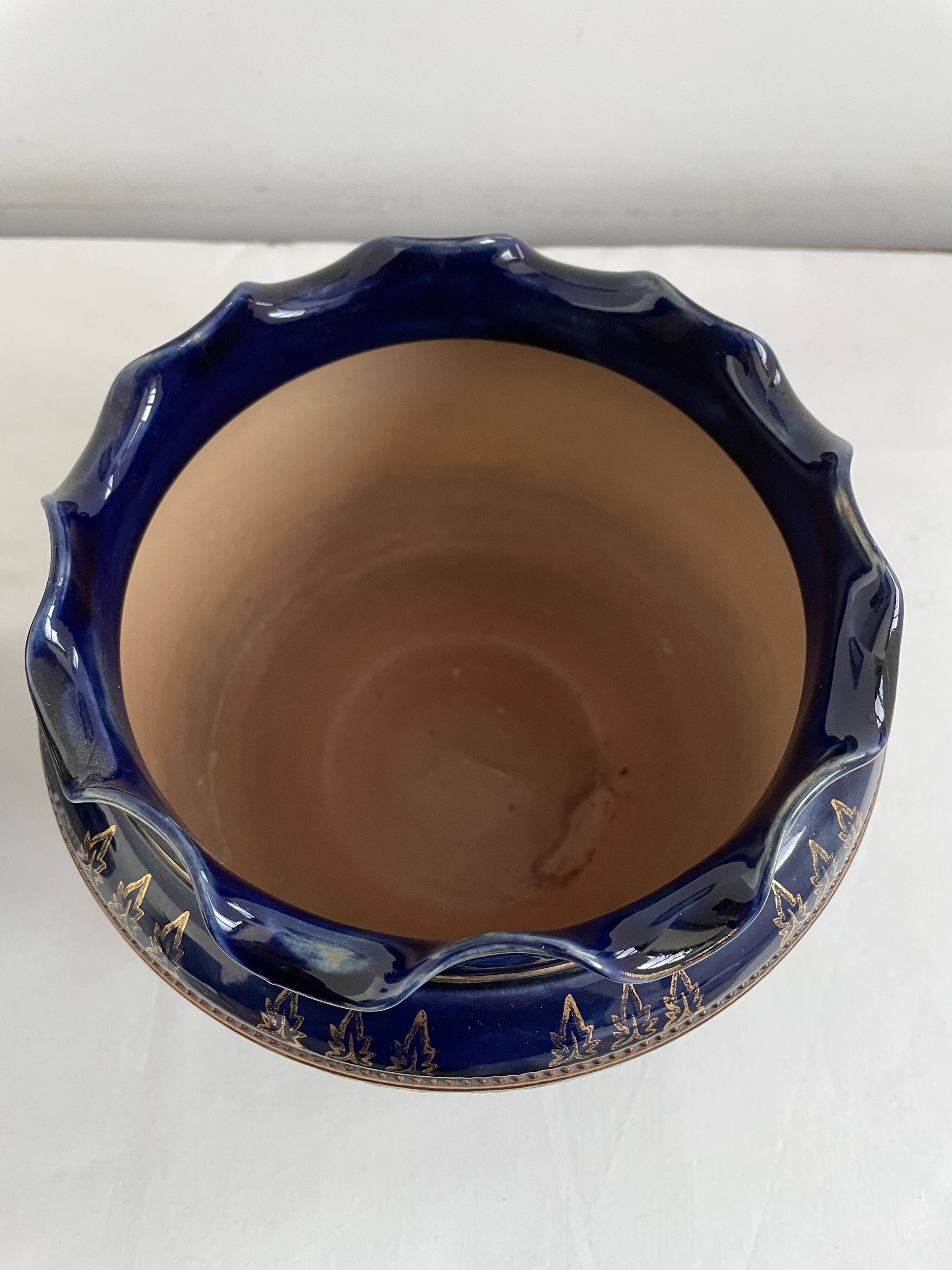 Pair, cache pots, royal doulton, english earthenware, 1920-1930, floral decoration, blue and gold, marks in