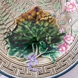 Choisy Le Roi majolica or barbotine dish decorated with leaves and pink flowers from the 19th century