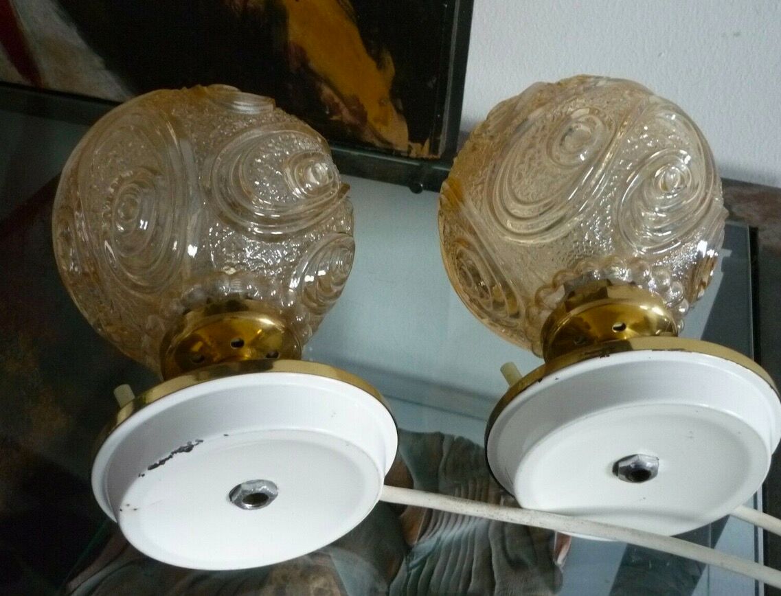 Pair of bedside lamps, brass and molded glass, 1950