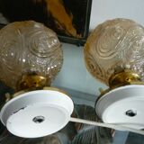 Pair of bedside lamps, brass and molded glass, 1950