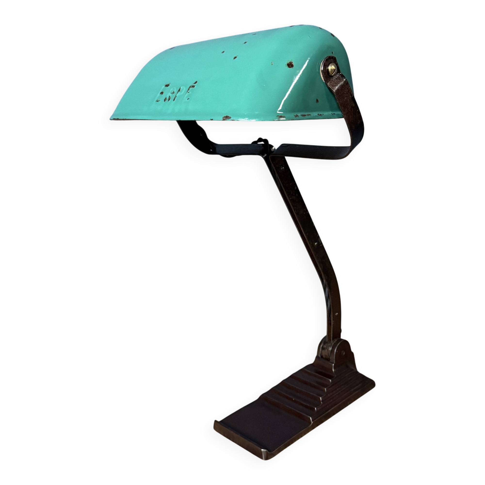 Erpé banker’s lamp with a turquoise enamel shade.