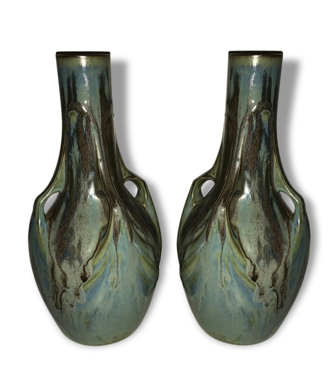 Pair of vases in stoneware flame years signed 30 Denbac