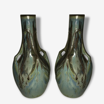 Pair of vases in stoneware flame years signed 30 Denbac