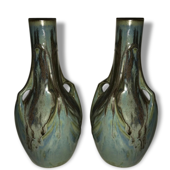 Pair of vases in stoneware flame years signed 30 Denbac