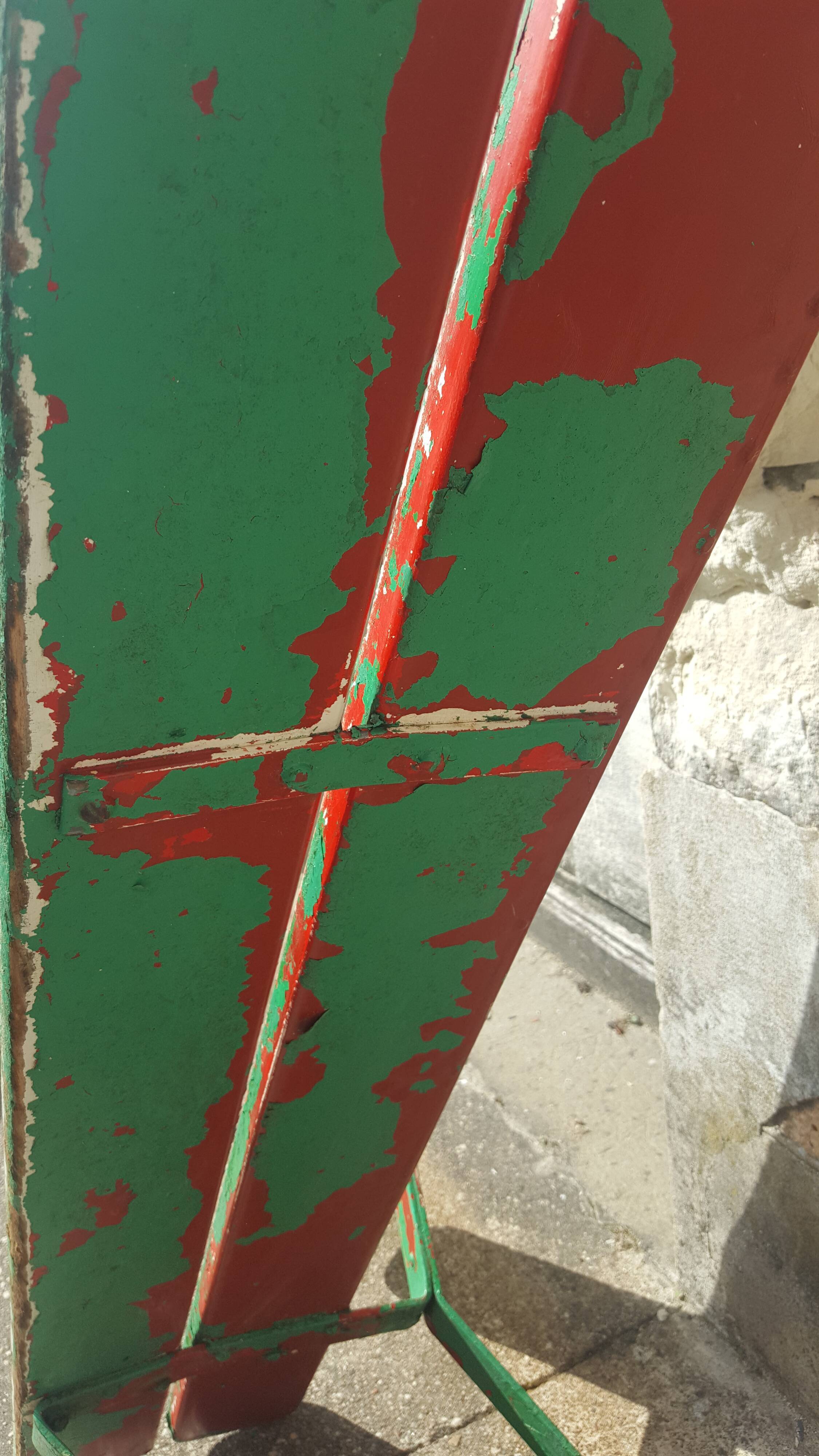 Former school bench patina green red