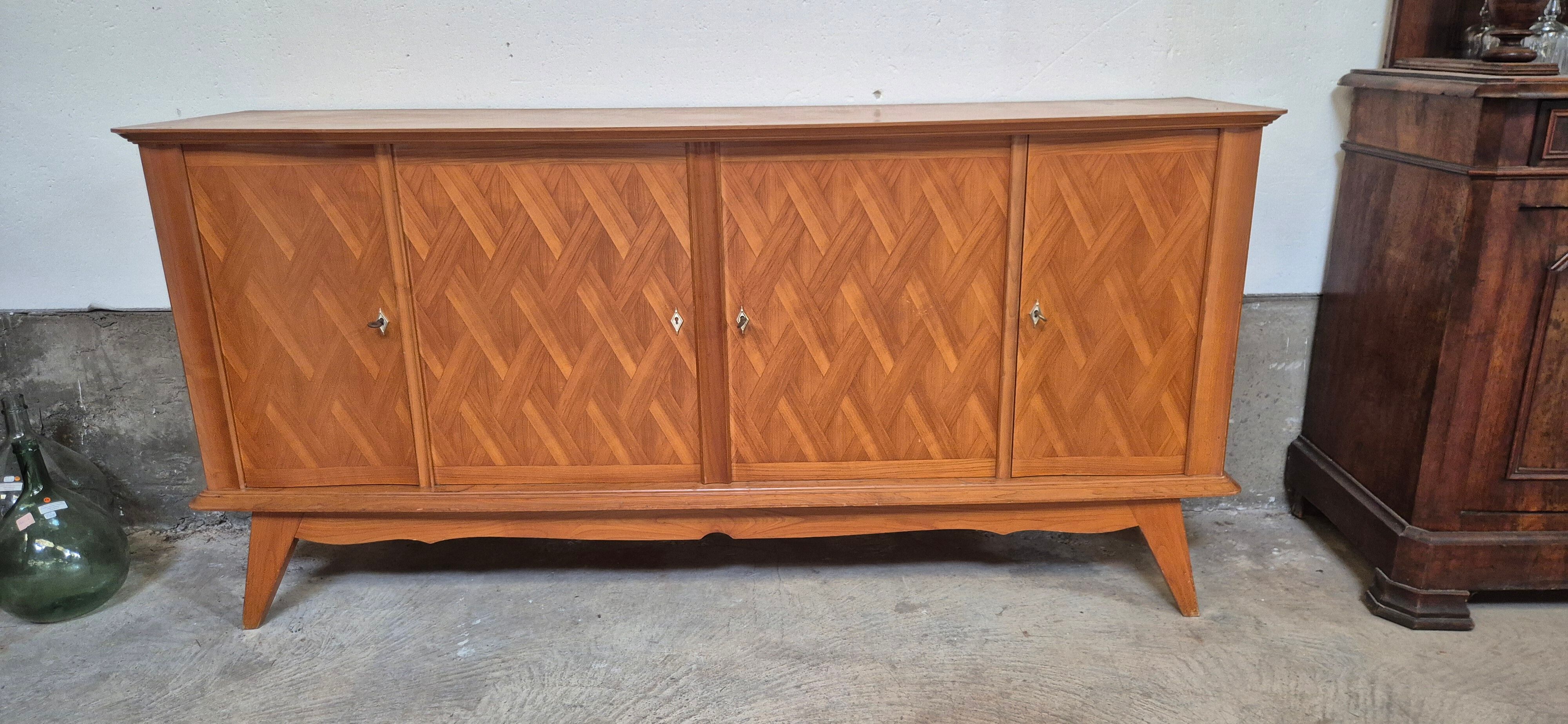 Enfilade 4 portes 1950-1960 pieds compas merisier