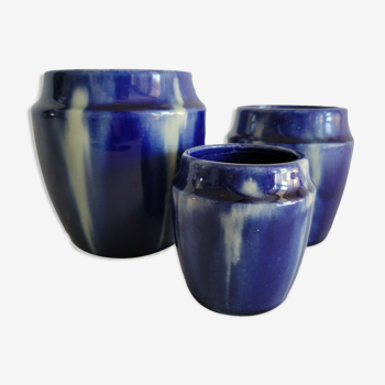 Set of 3 pots vases in ceramic enamelled vintage color blue