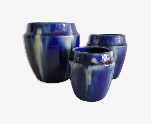 Set of 3 pots vases in ceramic enamelled vintage color blue