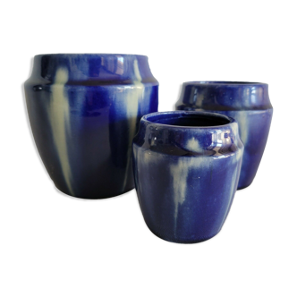 Set of 3 pots vases in ceramic enamelled vintage color blue