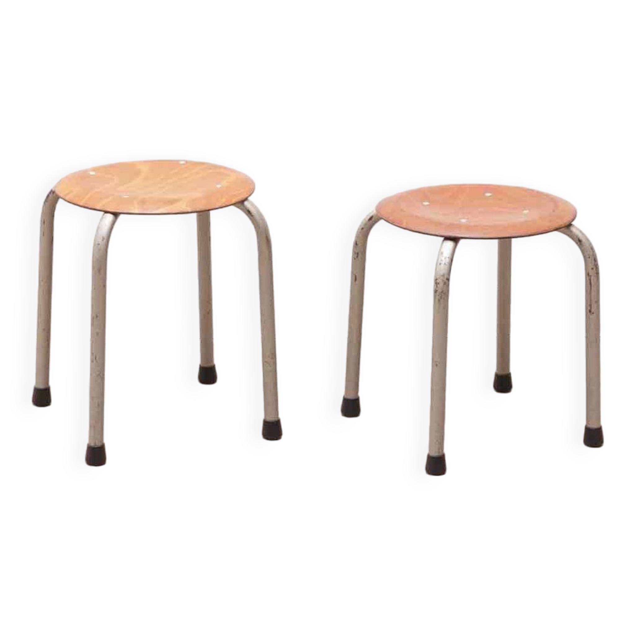 Tabouret vintage galette chêne et pieds gris