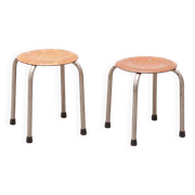 Tabouret vintage galette chêne et pieds gris