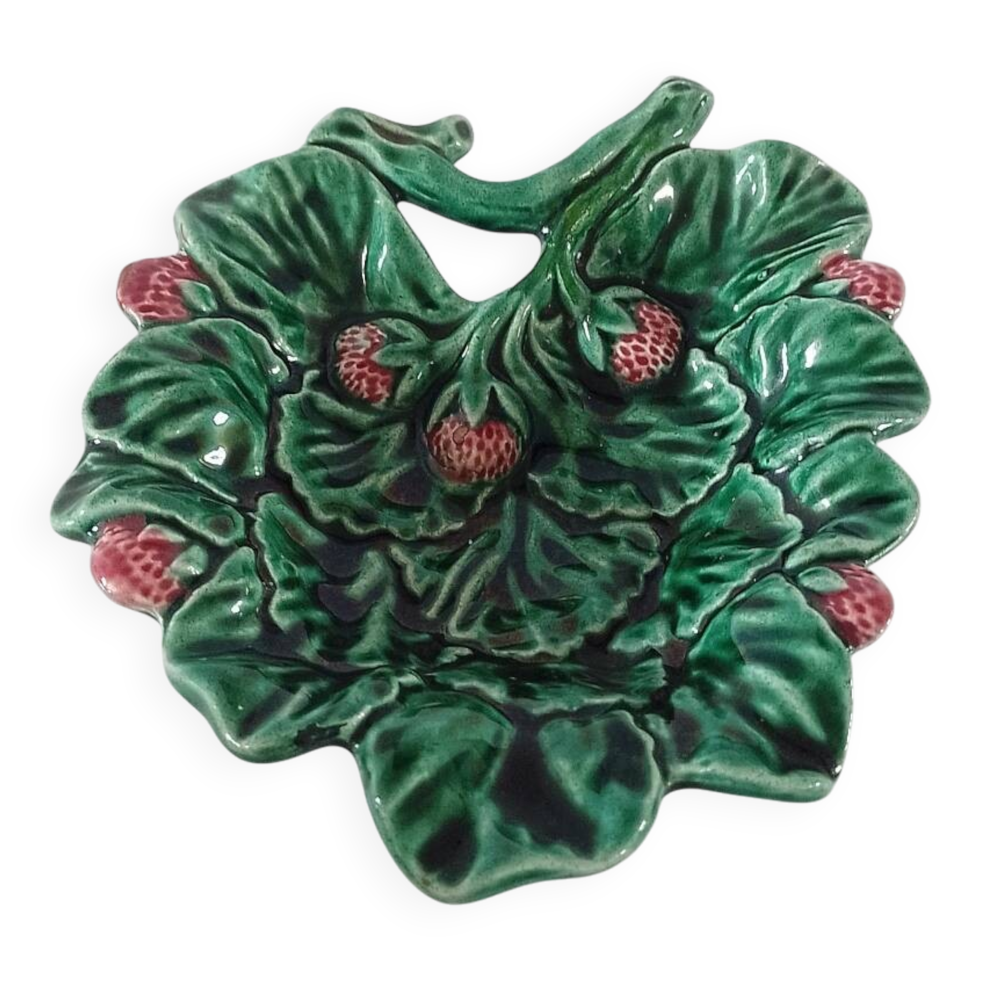 Vintage Majolica Strawberry Leaf Shaped Dish Ceramic Green Red