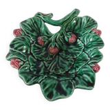 Vintage Majolica Strawberry Leaf Shaped Dish Ceramic Green Red