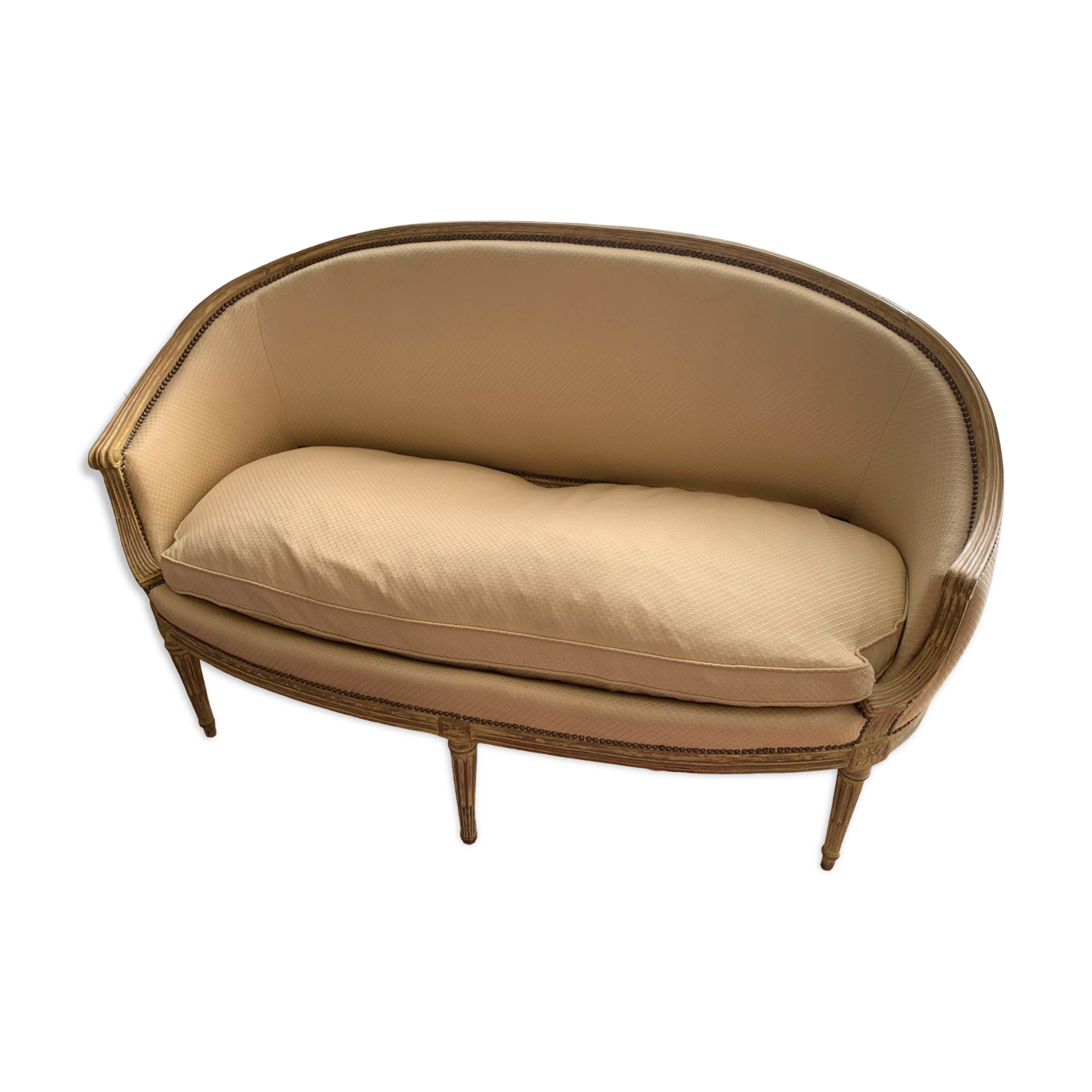 Louis XVI style patinated wooden basket sofa. Pierre Frey fabric. 19th century