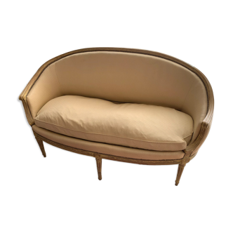 Louis XVI style patinated wooden basket sofa. Pierre Frey fabric. 19th century