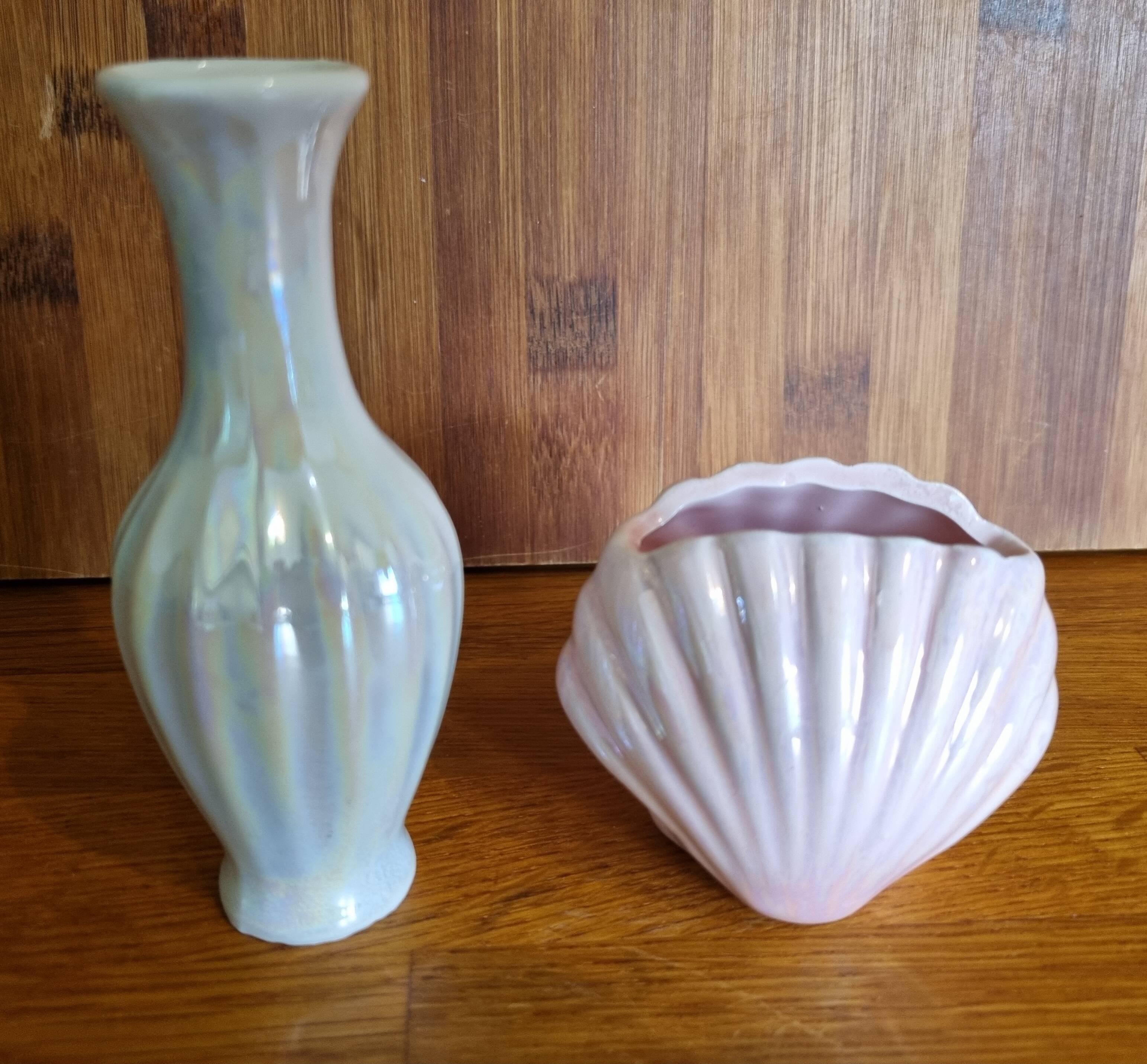 Set of 2 vintage iridescent ceramic mini vases
