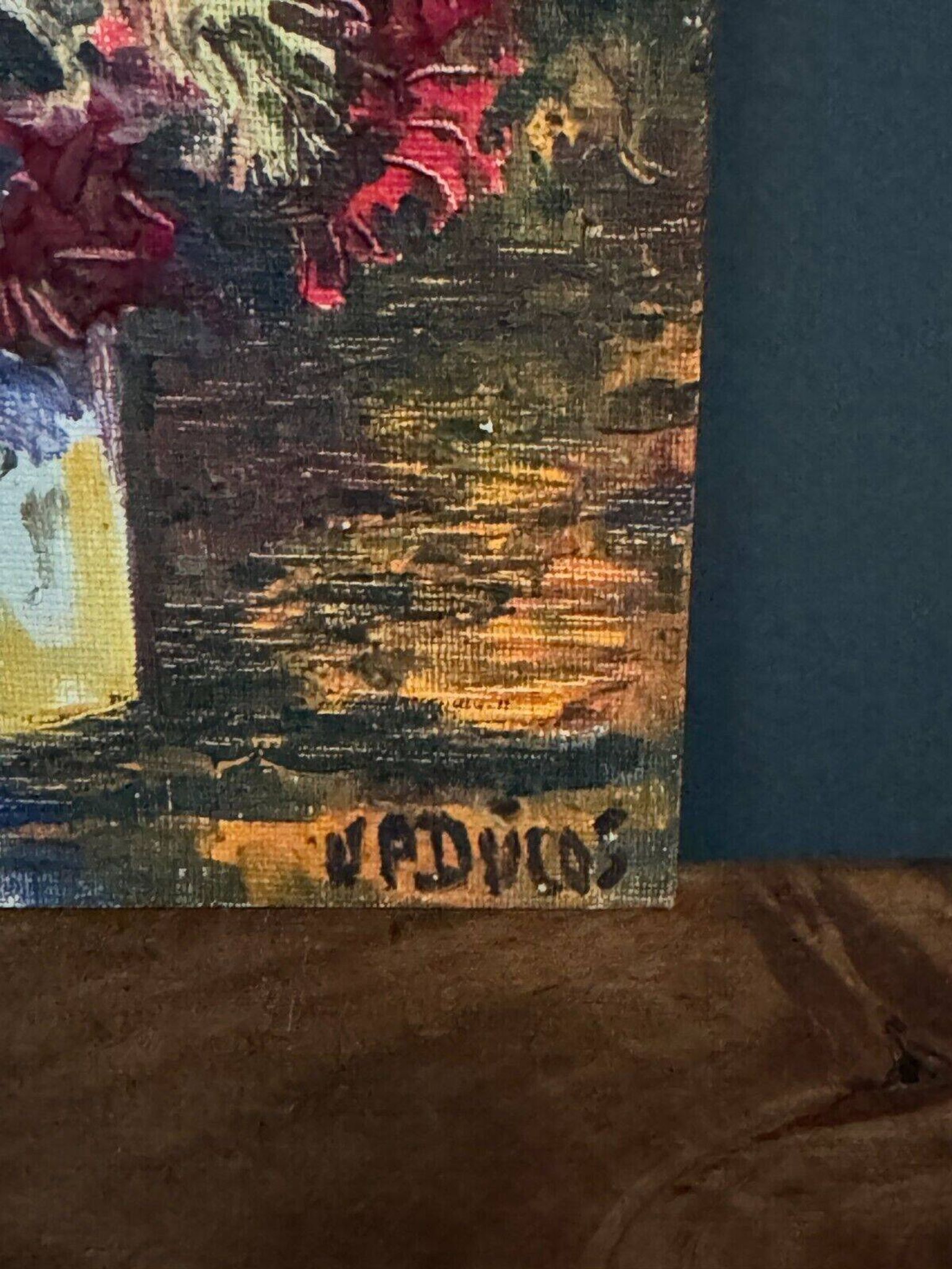 Oil on cardboard by J.-P. Ducos still life 1960 bouquet of flowers