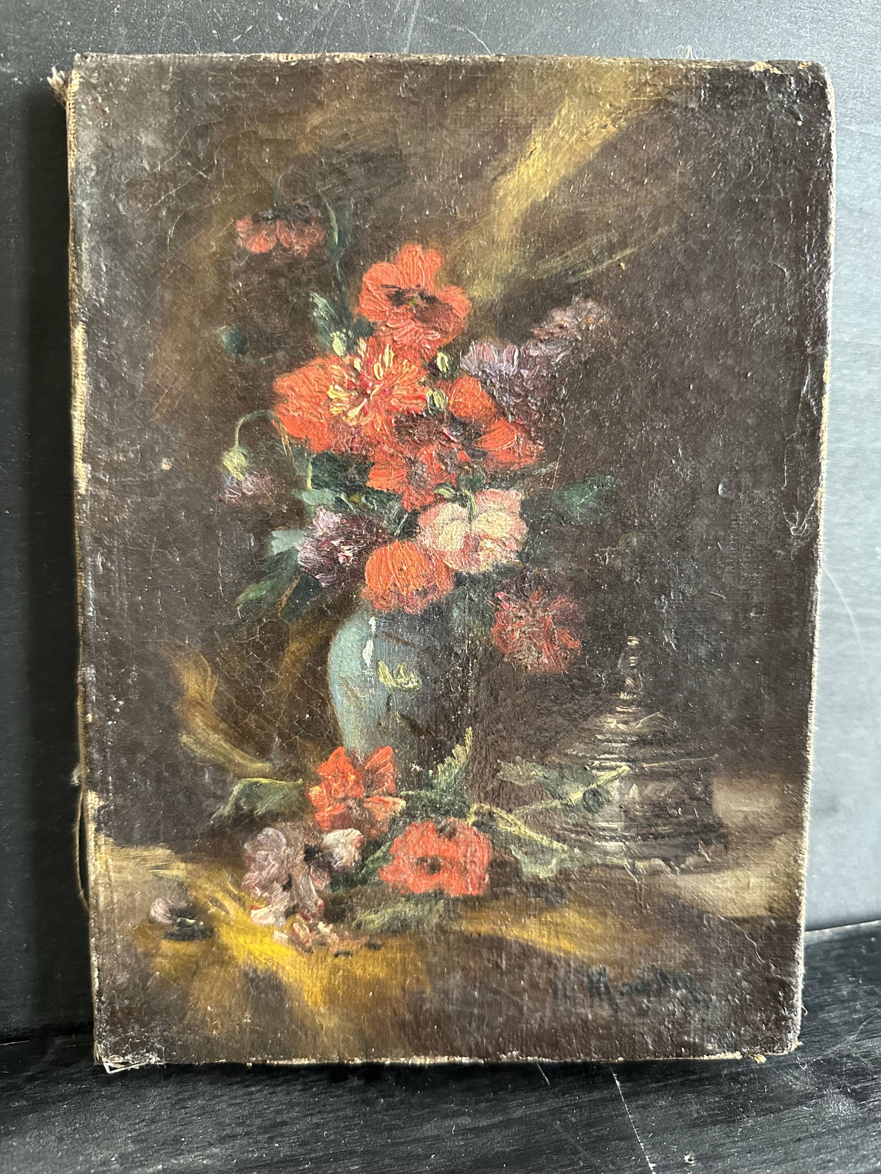 Tableau ancien fleurs signé avec cadre en bois et stuc doré, XIXe