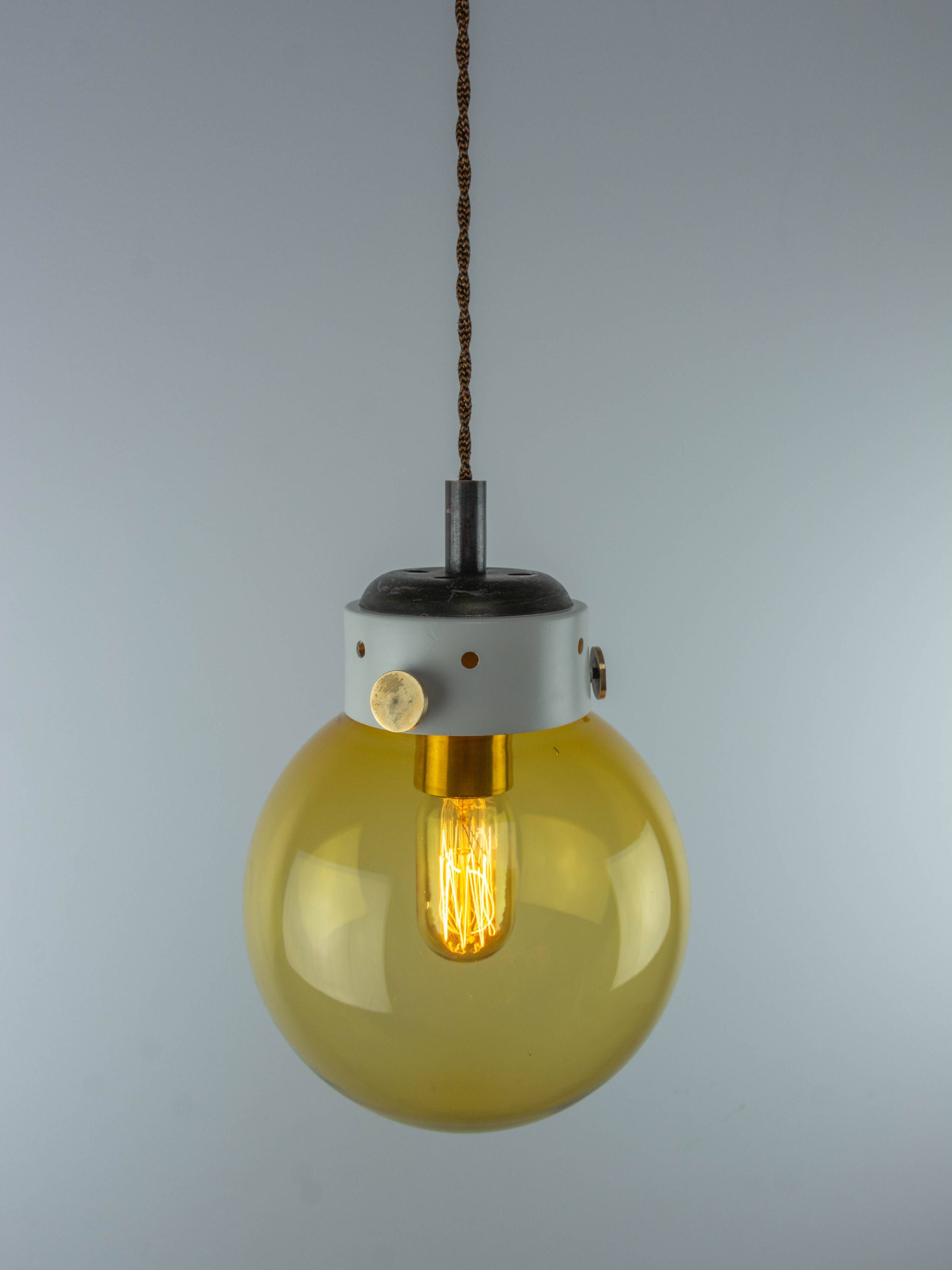 Vintage Mid-Century Modern Industrial Amber Glass And Brass Metal Lamp