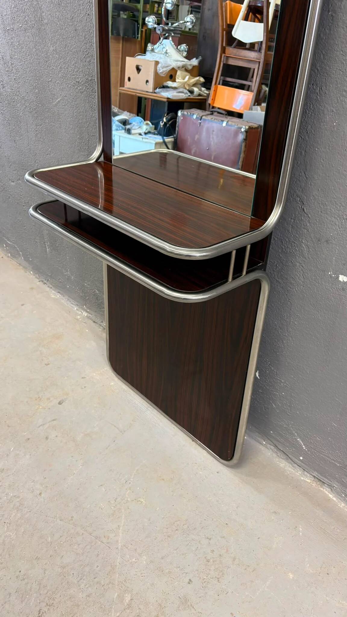 Console murale en chrome et palissandre avec miroir, années 1970, italienne.