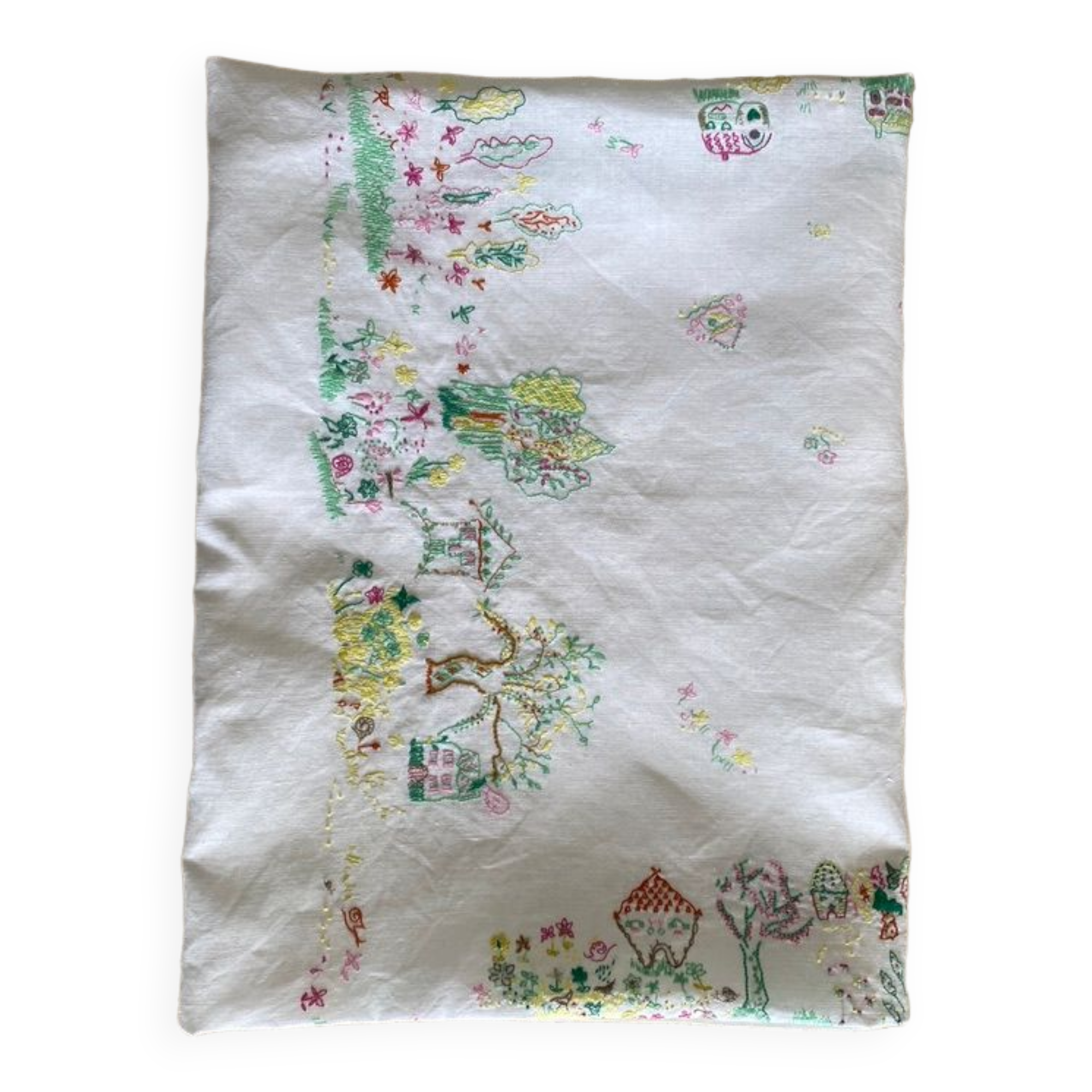 Square tablecloth embroidery naïve hand multicolored - linen threads - 110x110 cm