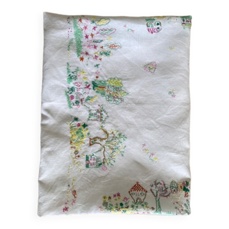 Square tablecloth embroidery naïve hand multicolored - linen threads - 110x110 cm