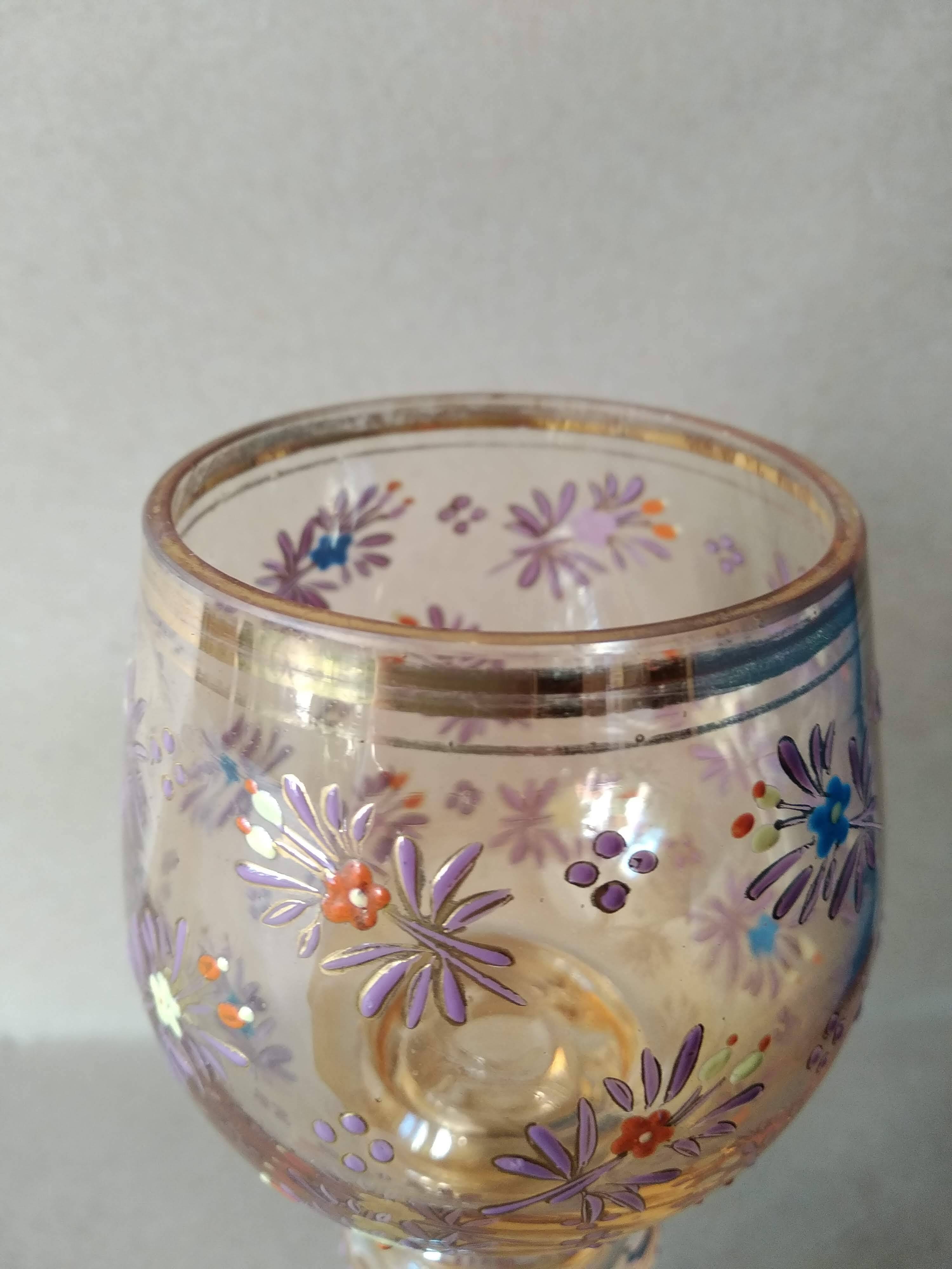 Roemer wine glass in blown enamelled glass, 19th century