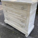 Old chest of drawers in bleached wood with white marble top