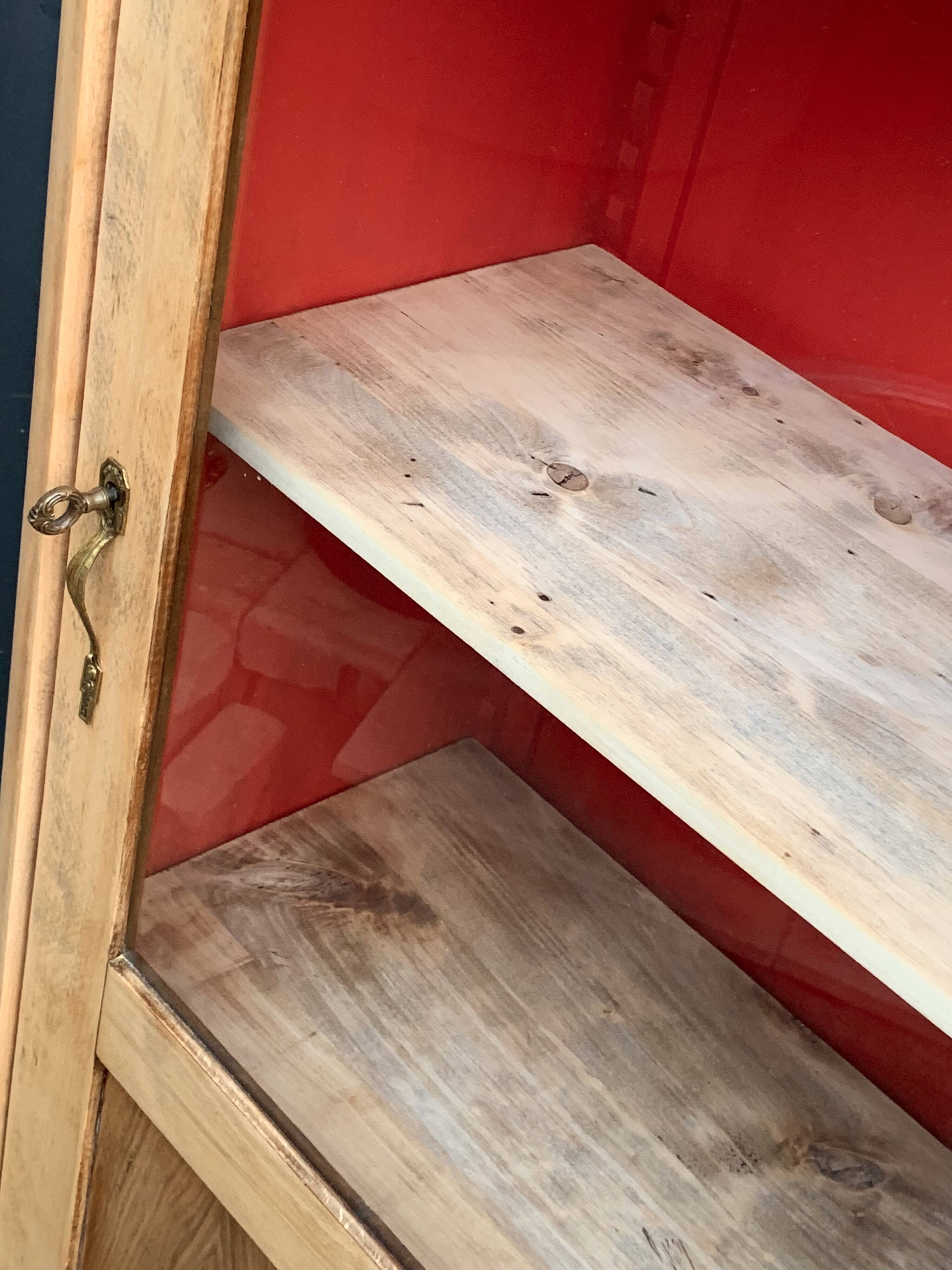 Vintage glass-fronted cabinet, raw wood, 1950s