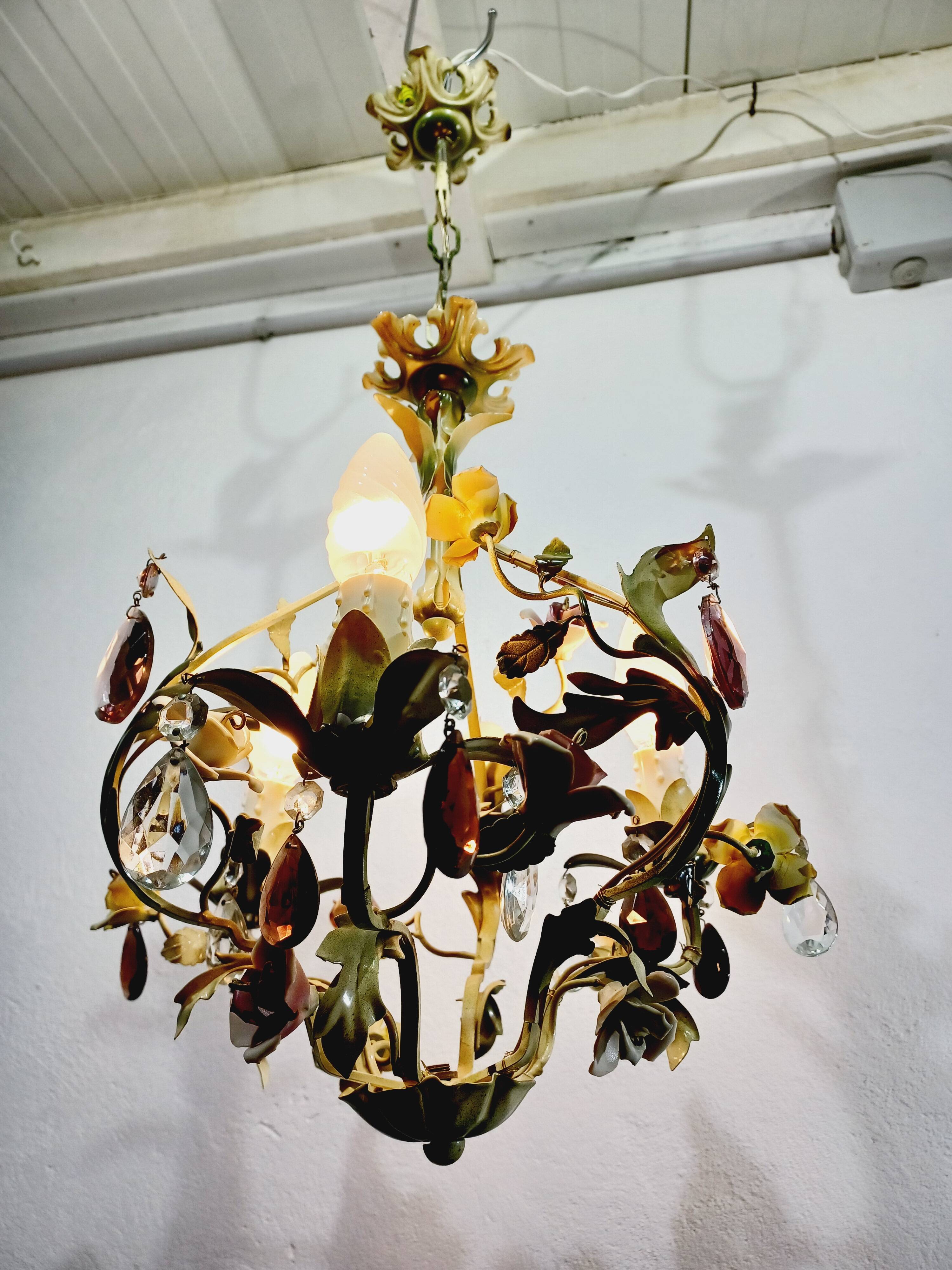 Wrought iron and porcelain chandelier