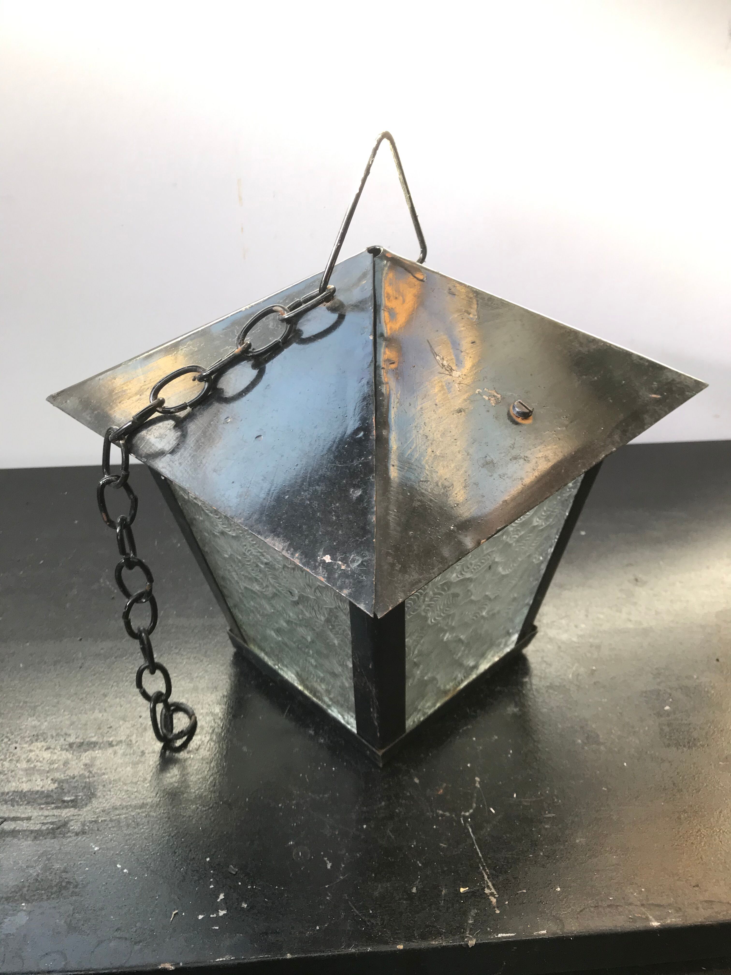 Suspension Old Lantern Metal Black - Vintage 70s Moulded Glass