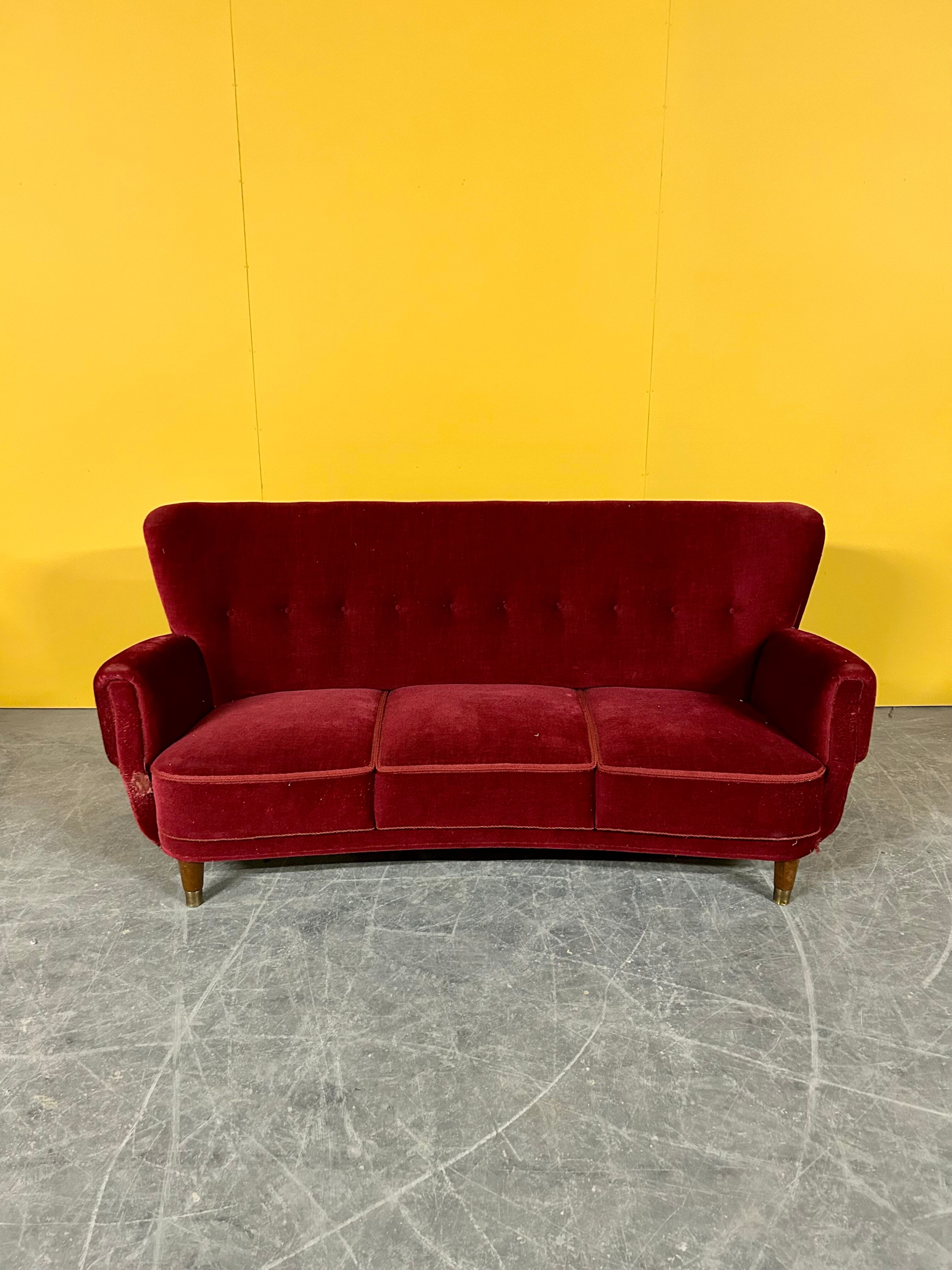 Danish 3 seater velvet curved sofa 1940s