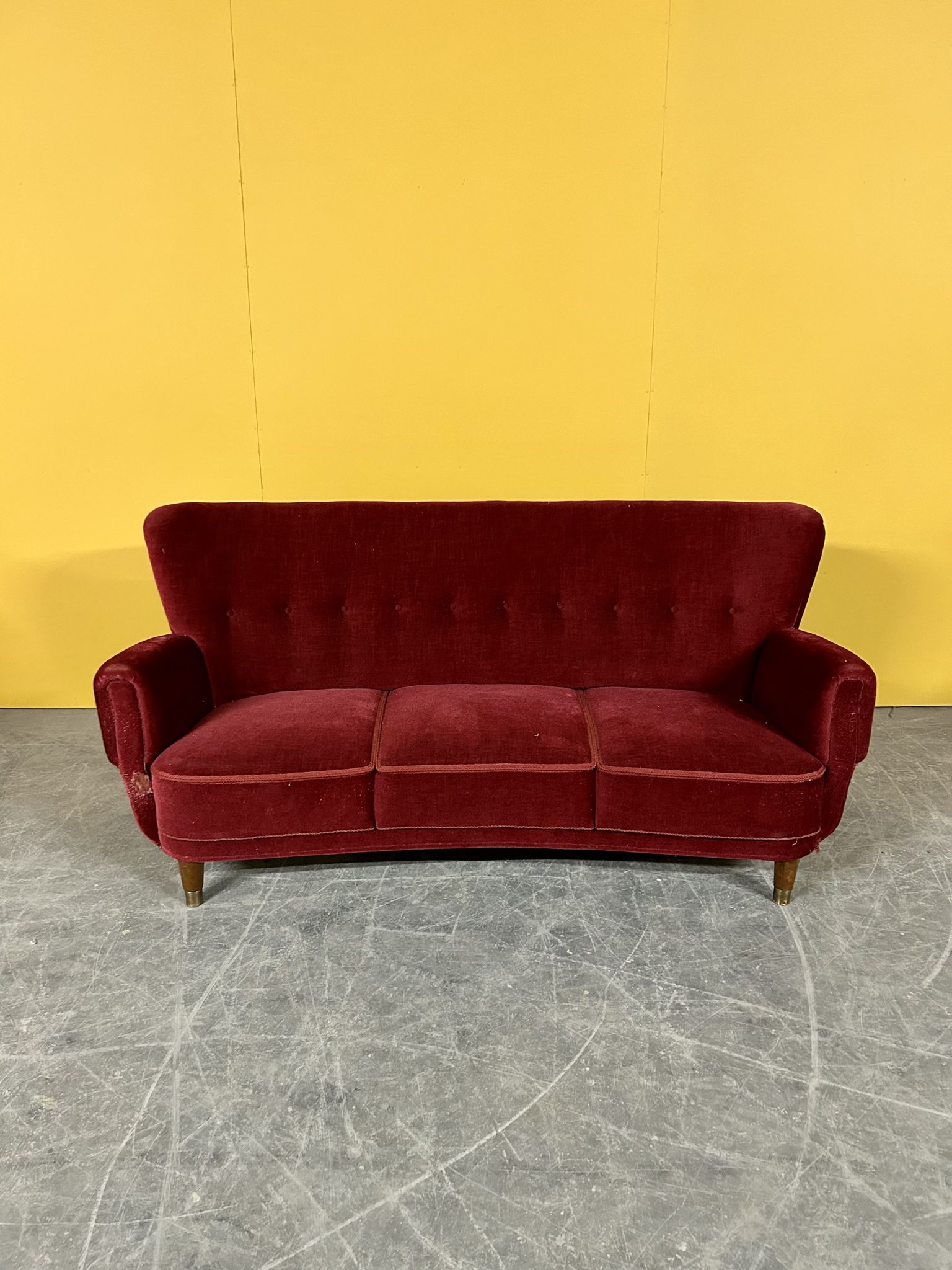 Danish 3 seater velvet curved sofa 1940s