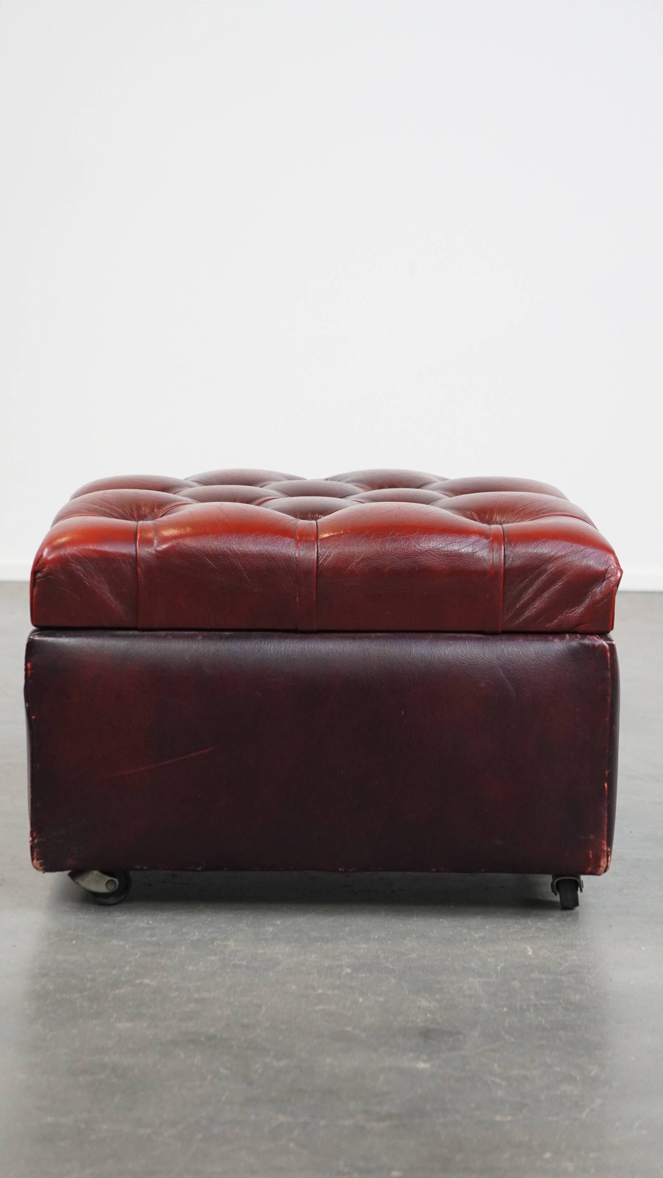 Red cow leather square chesterfield ottoman/storage pouf