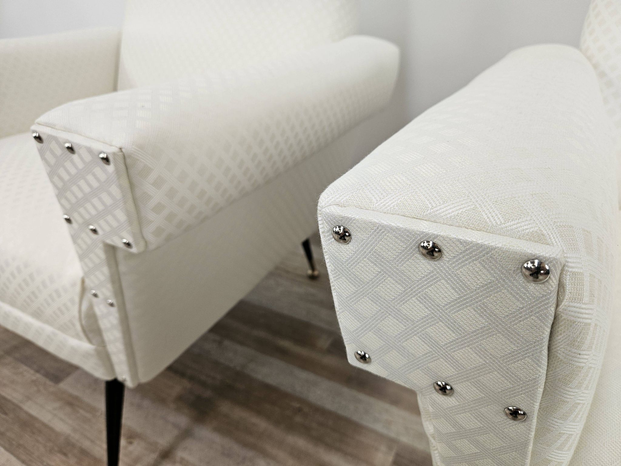 Italian armchairs from the 1950s in cream fabric with iron legs.