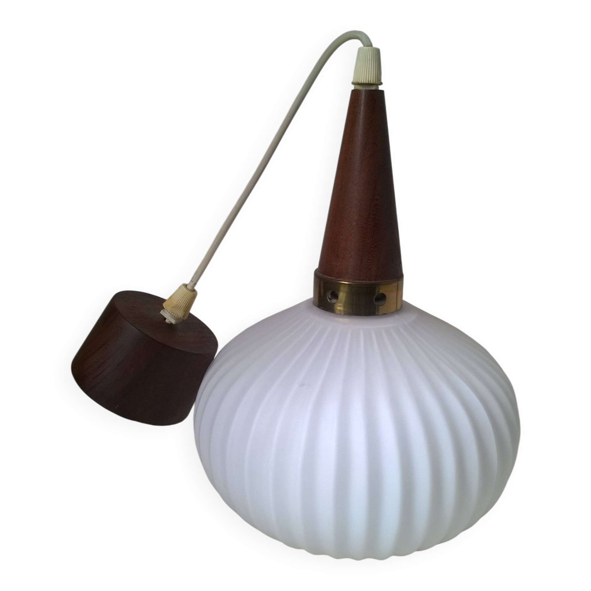 Suspension in opaline, teak and brass by Louis Kalff, c.1960